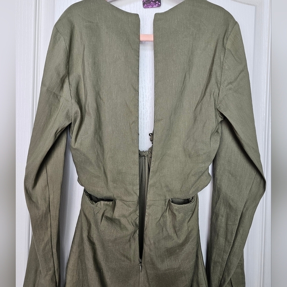 ZARA SEXY LINEN BLEND SHORT DRESS LONG SLEEVE OLIVE GREEN CUT OUT MINI XS - Picture 8 of 16